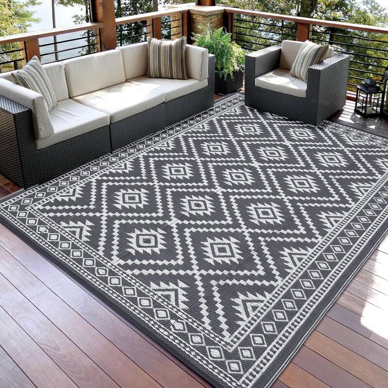 Outdoor Camping Rugs, Reversible Mats, Plastic Straw Rug for Patio - Grey/White - 9*18Ft