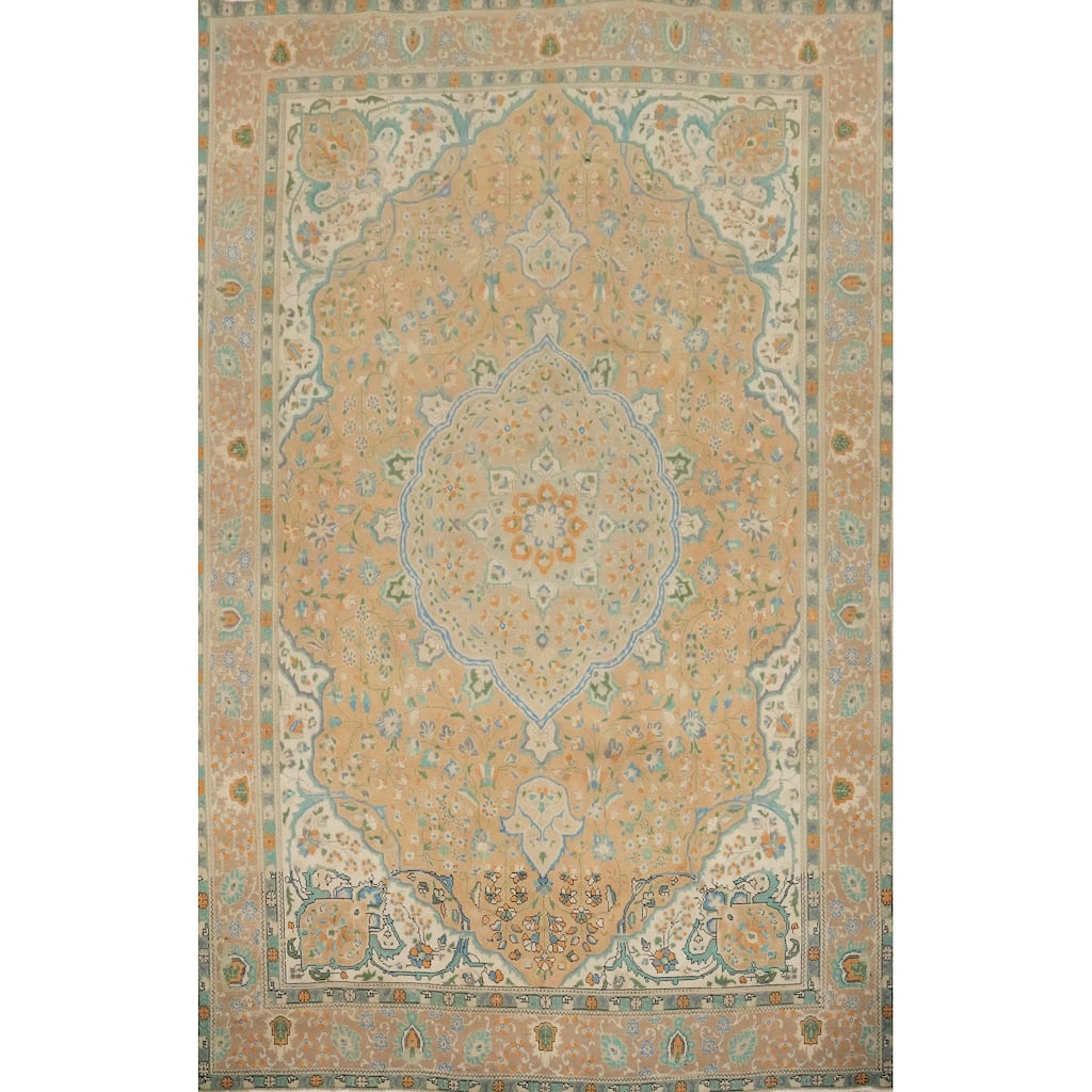 Hand Knotted Oriental 100% Wool Carpet Traditional Floral Peach Tabriz Area Rug - 12' 6'' X 9' 6''