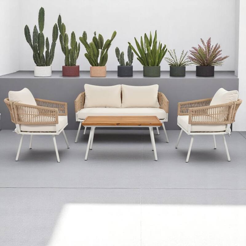 4-Piece Boho Patio Furniture Set with Rope Woven Chairs,Wood Table & Cushions - Outdoor Conversation Set