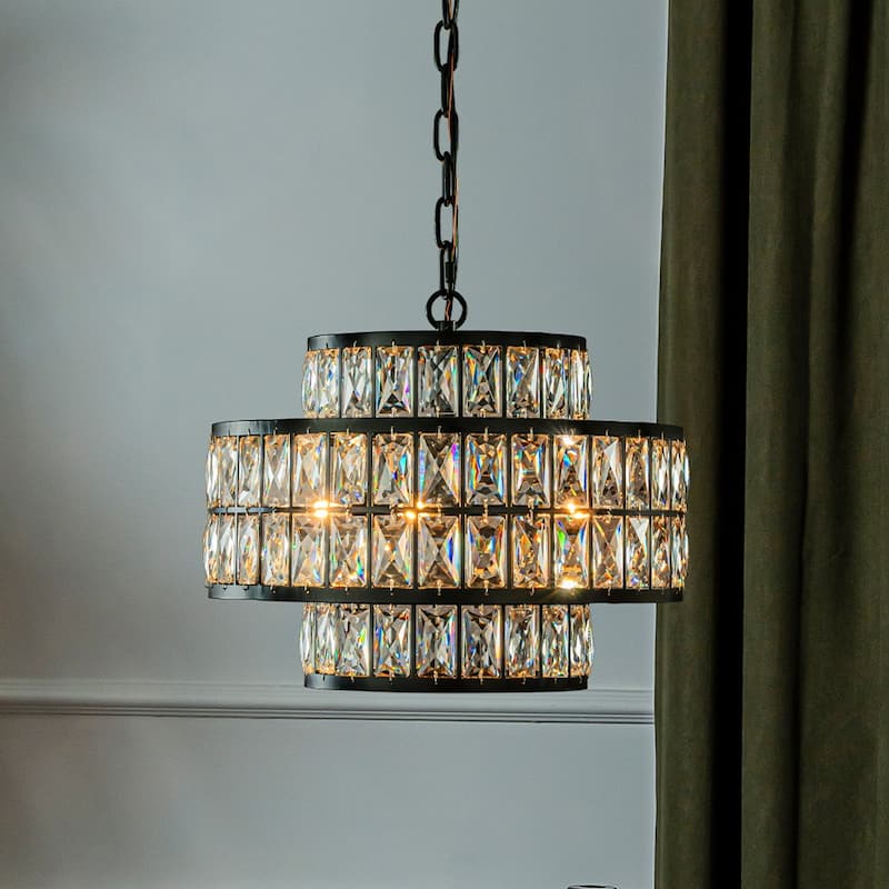 Modern Crystal Chandelier Matte Black Finish Tiered Drum Pendant Light for Small Spaces Dining Room Entryway - W16''