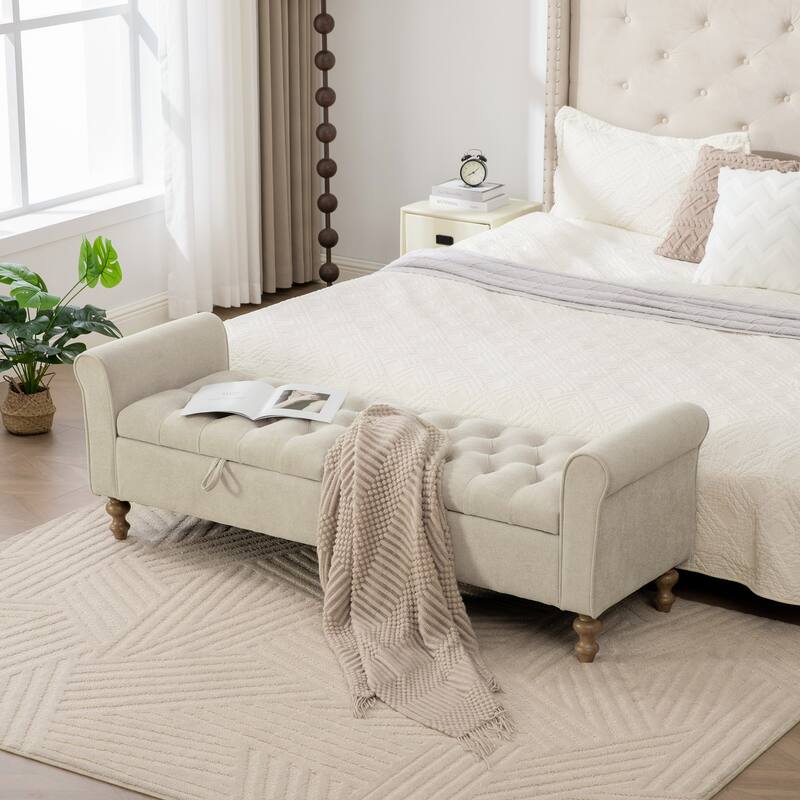 Large Storage Ottoman Bench, End of Bed Bench with Rolled Arms, Wood Legs, Button Tufted Storage Bench with Double Lids
