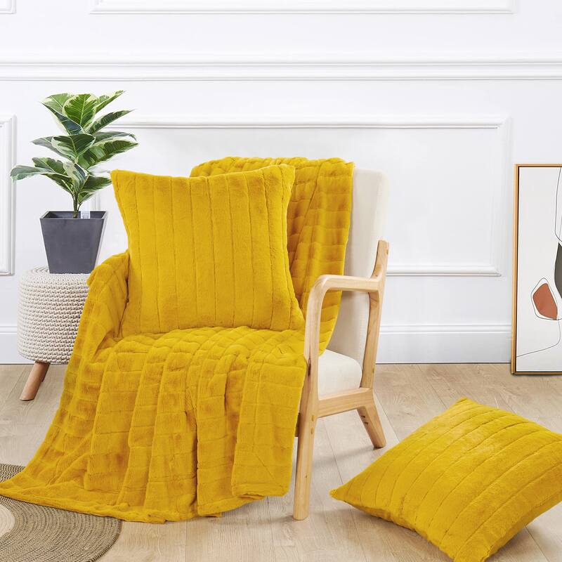 FakeFur Throw & 2 Pillow Shell Combo Set - 60" x 80" - lemon curry