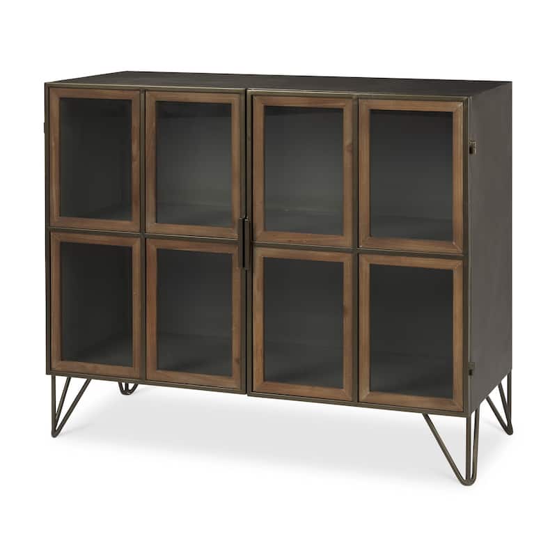 HomeRoots 37" Antiqued Brass and Brown Metal and Solid Wood Accent Cabinet With Two Doors