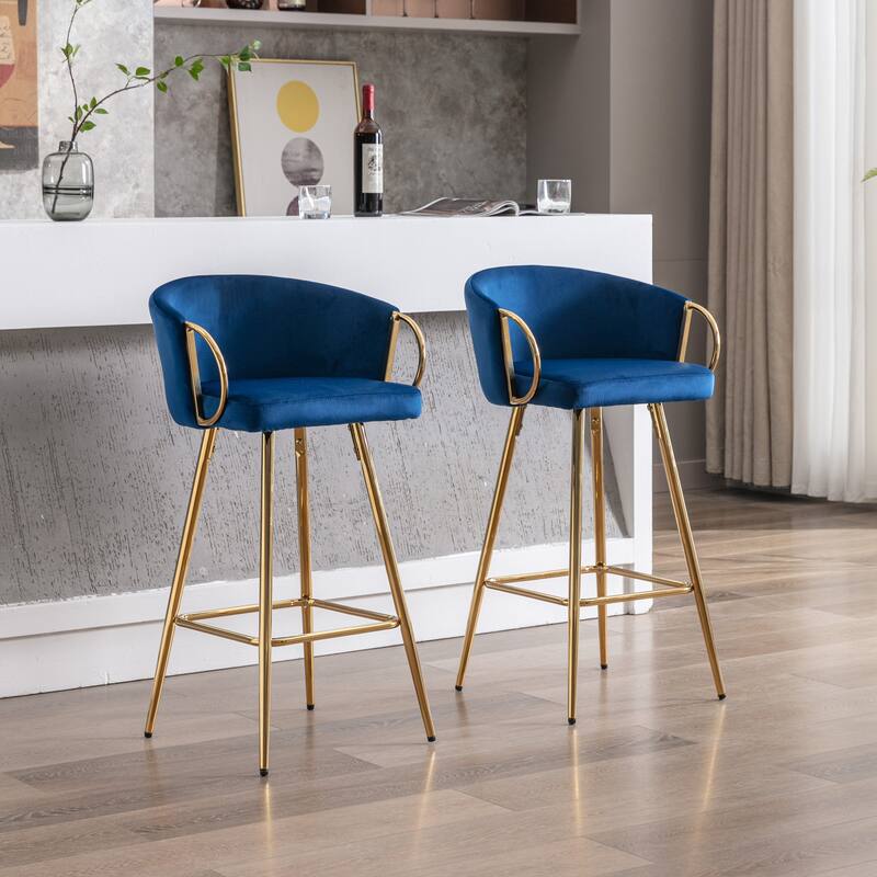 30 Inch Set of 2 Bar Stools,with Chrome Footrest and Base Velvet + Golden Leg Simple Bar Stool