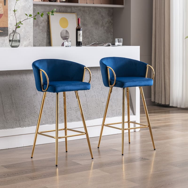 Set of 2 26" Bar Stools, Blue Velvet with Chrome Footrest & Gold Legs