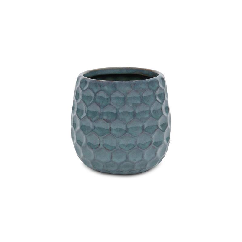 HomeRoots Blue Ceramic 15 Ounce Round Distressed Pot Planter - 4.50 in. x 4.25 in. x 4.50 in.