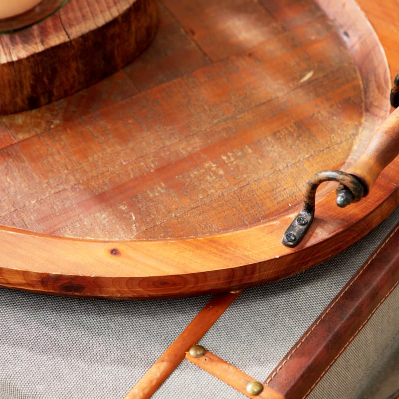 Wood Large Oval Tray with Scroll Metal Handles - Brown - Roche River Decor - 19"W x 29"L x 4"H