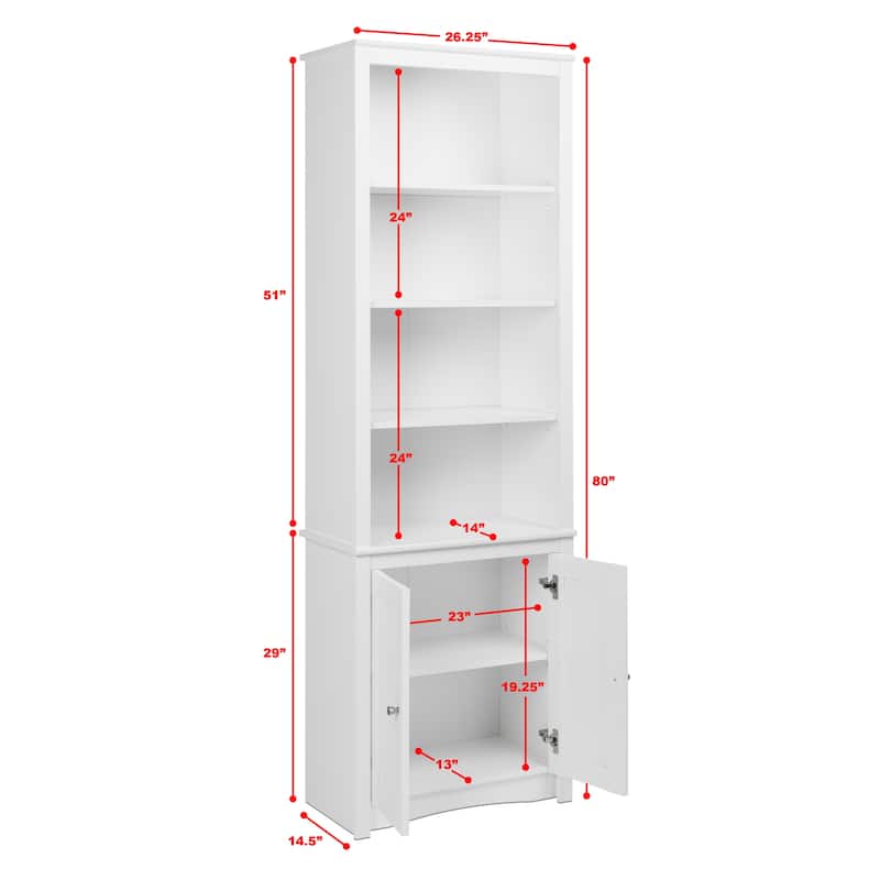 Tall Bookcase with 2 Shaker Doors, White