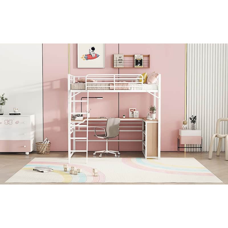 Metal Loft Bed with 3 Layers of Shelves and L-shaped Desk