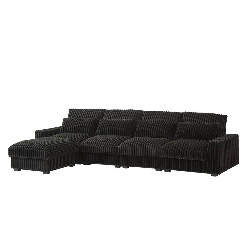 Modern 126-inch Corduroy Sofa with 4 Cushions, Movable Footrest, USB Ports, and Cup Holders