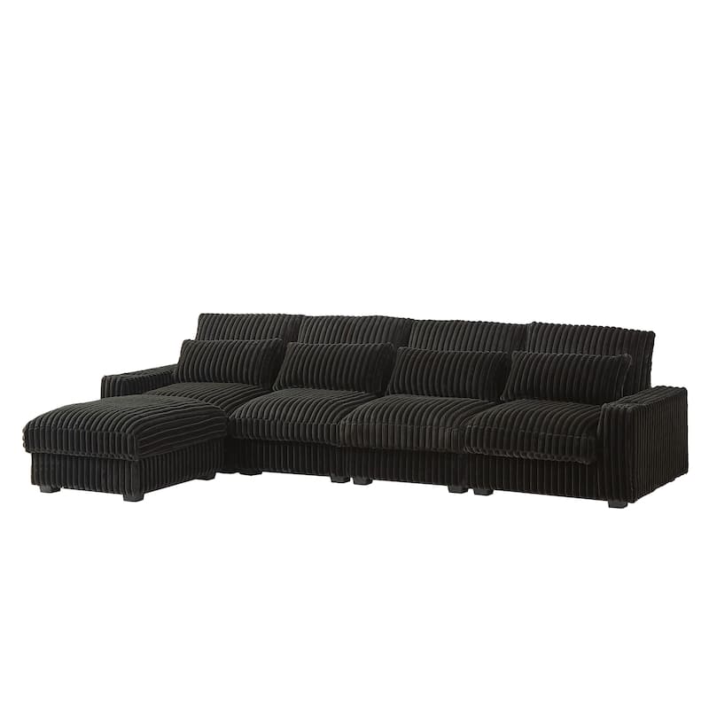 Super Large 126-Inch Corduroy L-Shaped Sofa with Cup Holders, USB Port, Movable Footrest, and 8 Cushions.