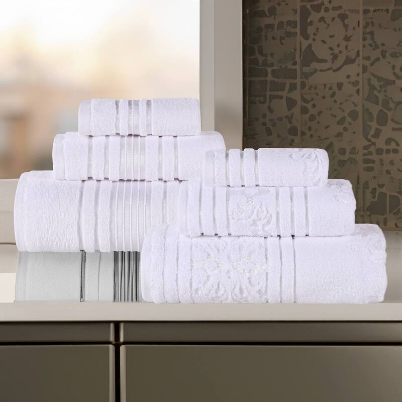 Superior Sadie Zero Twist Cotton Solid and Floral 6 Piece Towel Set - White