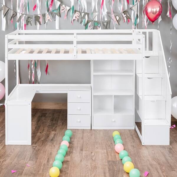 slide 2 of 9, Kids Bed Loft Bed with Cabinet and Staircase L-Shaped Desk and Drawers, White White
