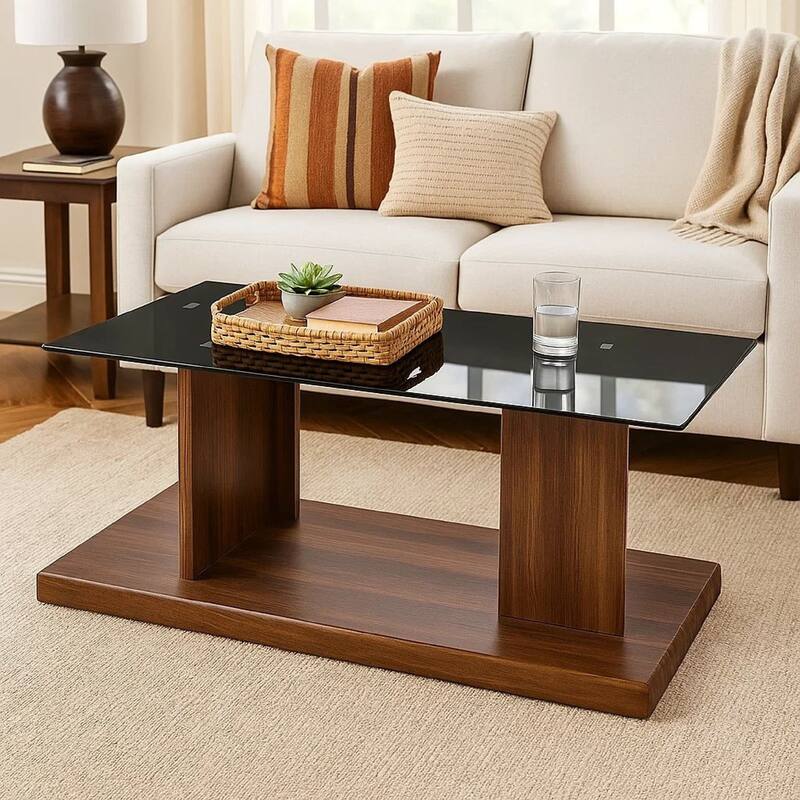 Liam 47 Inch Rectangular Coffee Table, Brown Wood, Pedestal Base, Glass Top