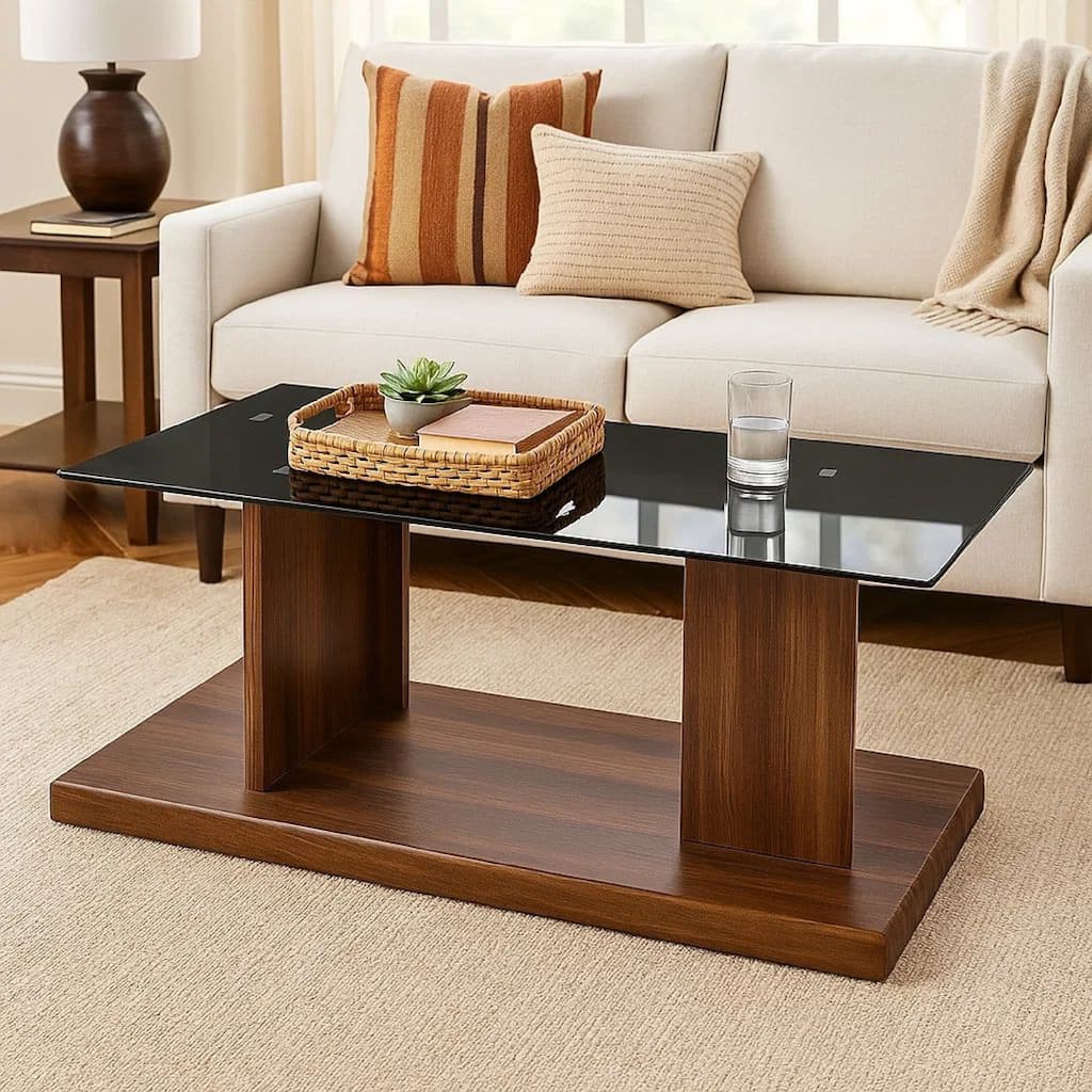 Liam 47 Inch Rectangular Coffee Table, Brown Wood, Pedestal Base, Glass Top