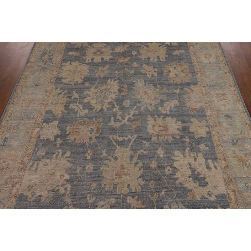 Vegetable Dye Blue Oushak Oriental Area Rug Hand-Knotted Wool Carpet - 6'2"x 8'9"
