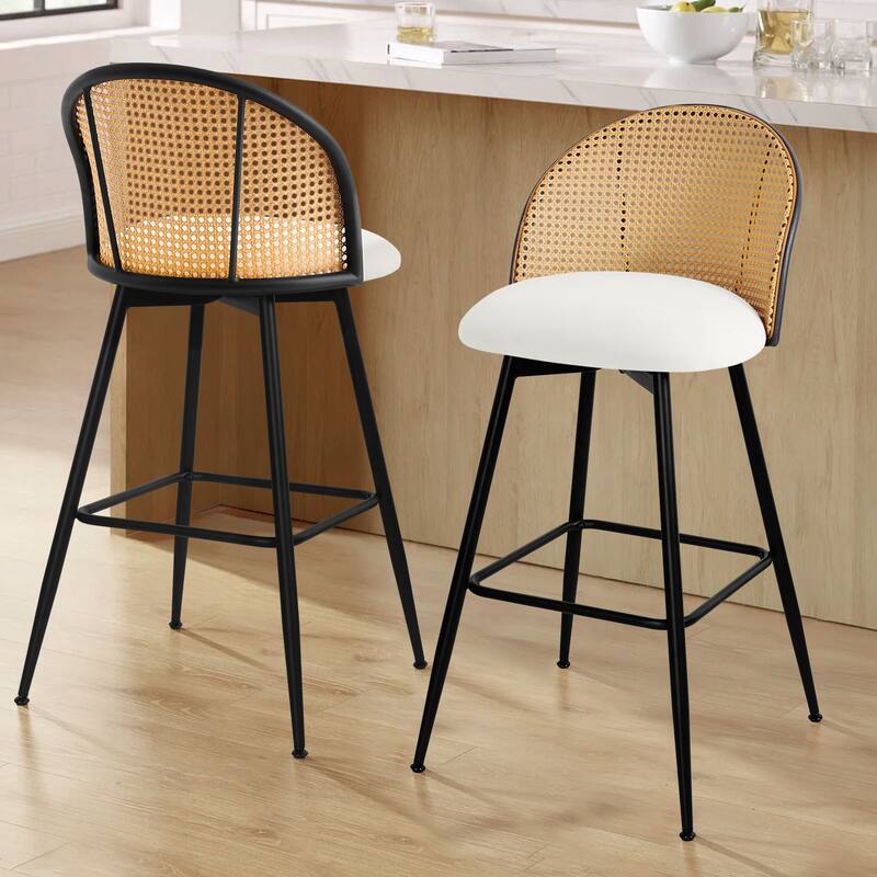 Upholstered Swivel Counter/ Bar Stools with Rattan Back