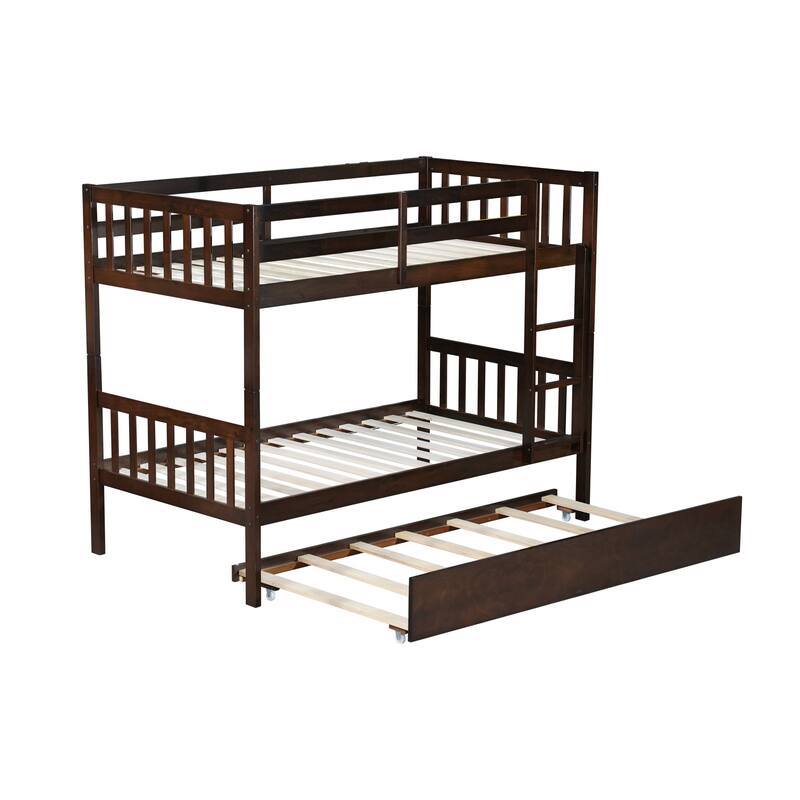 Roomfitters Twin Over Twin Rubber Wood Bunk Bed with Trundle, Convertible to Two Twin Beds, Ladder and Guardrails