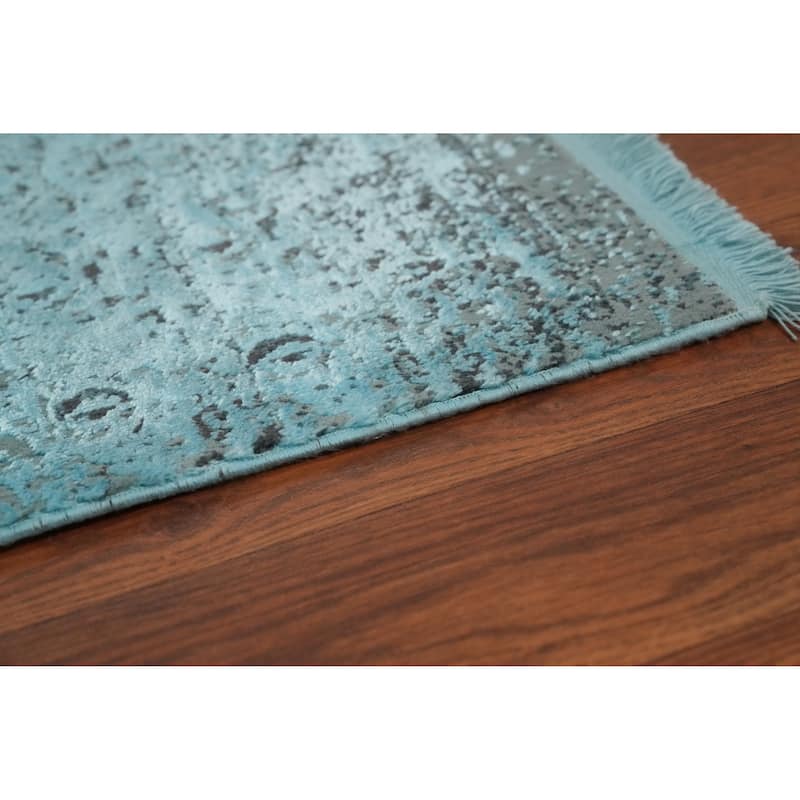Machine Made Oriental Polyester Carpet Traditional Floral Navy Blue & Blues Agra Area Rug - 7' 5'' X 5' 2''