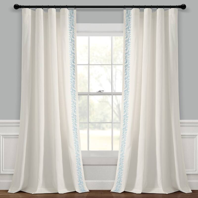 Lush Decor Luxury Modern Flower Linen Like Embroidery Border Window Curtain Panel Single - Off White/Blue - 84" x 52"