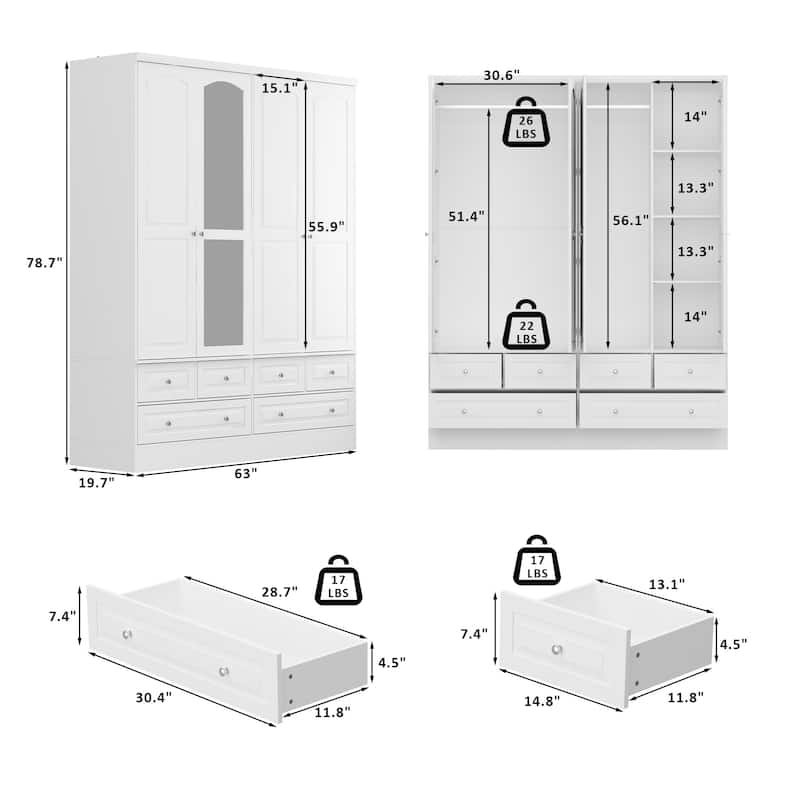 Modular Majesty Double Wardrobe Mirror-Front Storage Closet Armoires
