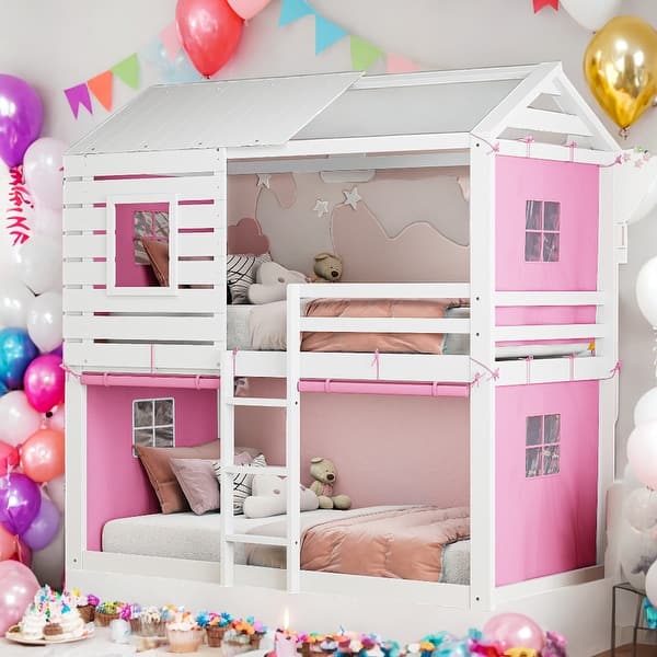 slide 2 of 38, Modren Twin over Twin Size Wood House Bunk Bed With Tent And Spacious Under Bed Space,s Pink
