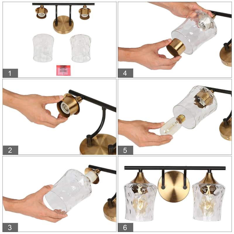 Modern 2-Light Black Gold Bathroom Vanity Lights with Hammered Glass Shades - L 14"x W 7"x H 7"