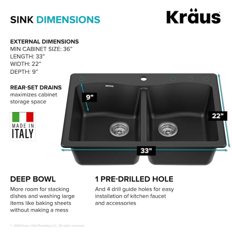 KRAUS Forteza Granite 33 inch 50/50 Undermount Drop-in Kitchen Sink