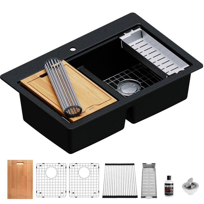 Karran USA QTWS-880 33" Drop In Double Basin Quartz Composite Kitchen - Black