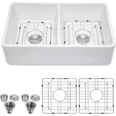 Double Basin Farmhouse Kitchen Sink with Basket Strainer