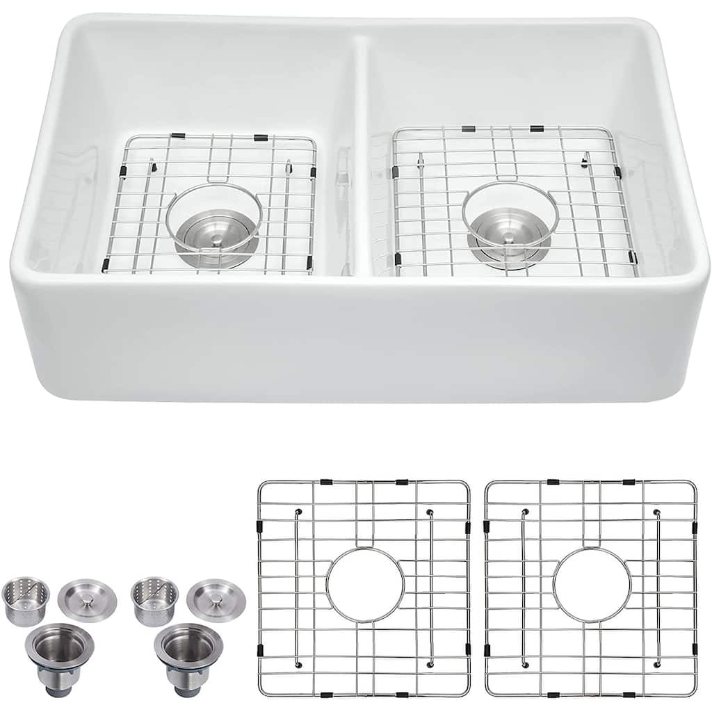 Double Basin Farmhouse Kitchen Sink with Basket Strainer