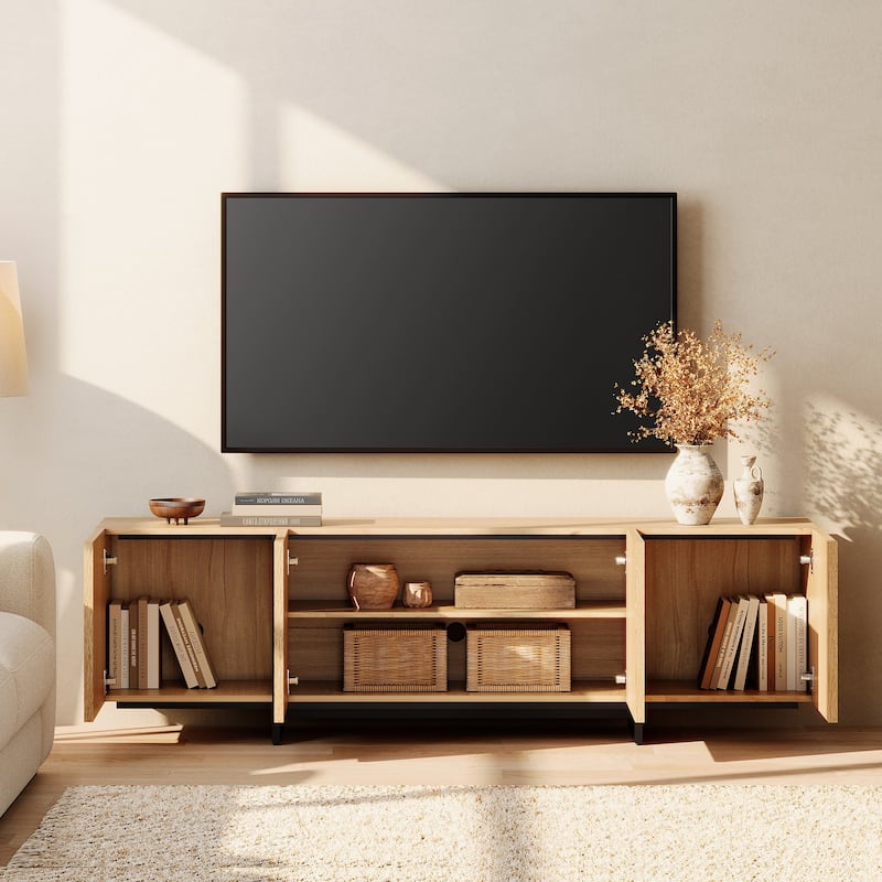 WAMPAT TV Stand with T-Shaped Legs, Modern Entertainment Center with 4 Storage Cabinets, Media Console TV Table for Living Room