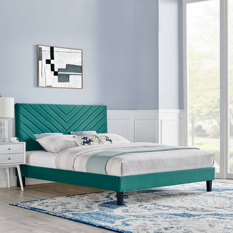 Roxanne Performance Velvet Platform Bed With Black Wood Legs - Full - Teal