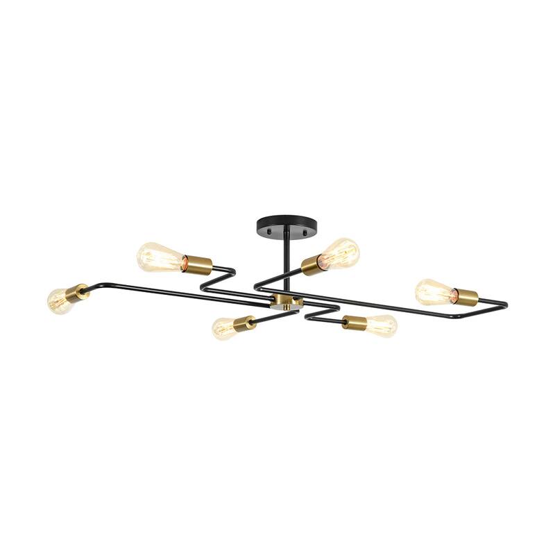 6-Light Industrial Black Brass Sputnik Semi Flush Mount Ceiling Light - 36.6 Inches