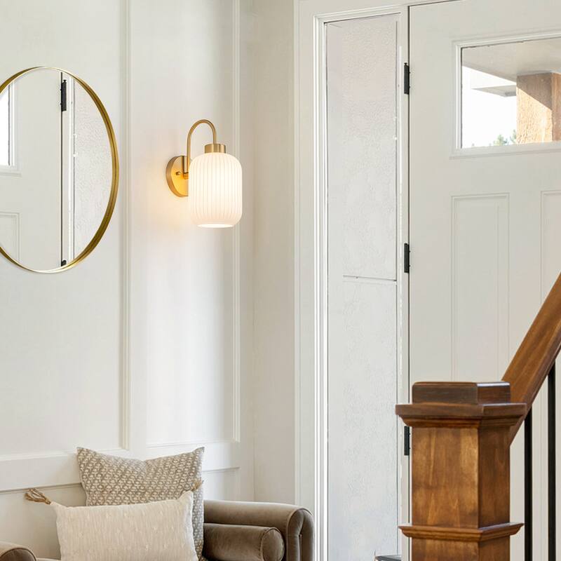 1-Light Mid-Century Modern Gold Wall Sconce with Opal Glass Shade