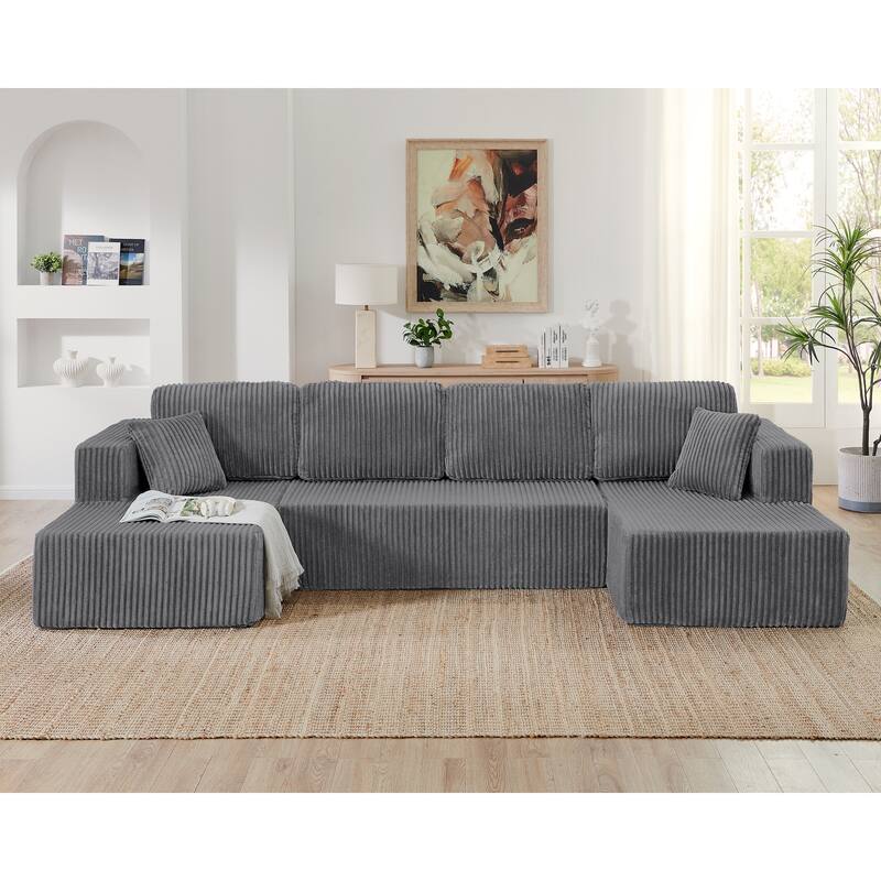 U Shape Modular Sectional Sofa with Dual Chaise Lounges, Corduroy Upholstered Sleeper Sofa, Comfy Compressed Sectional Sofa
