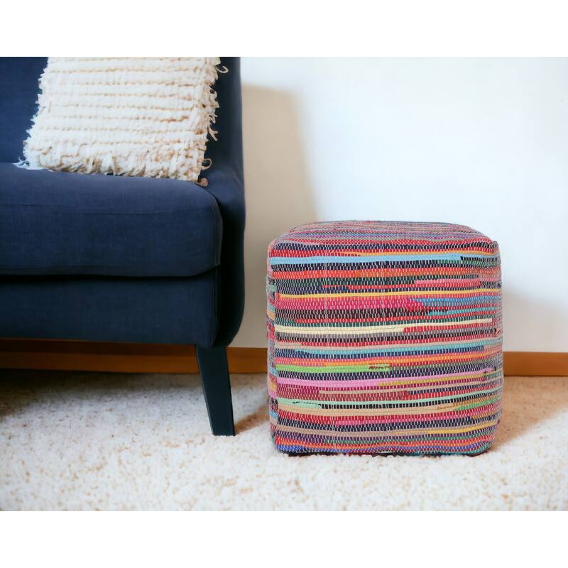 HomeRoots 18" Red Cotton Cube Striped Pouf Ottoman
