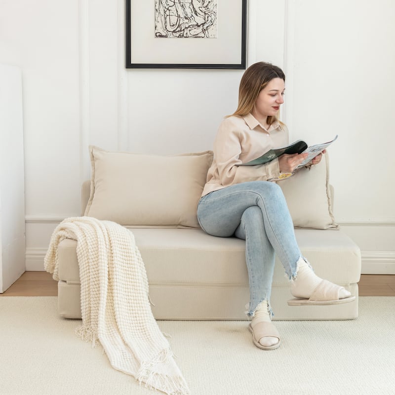 47.63" Corduroy 2-Seater Sleeper Sofa, Floor Mattress and Backrest - Beige