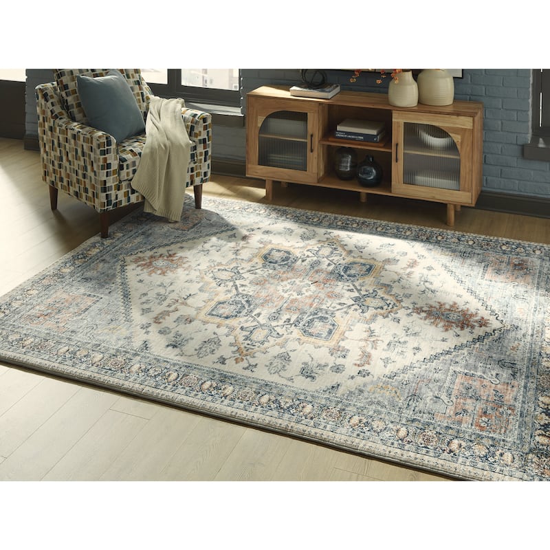 Signature Design by Ashley Wallney Blue/Gray/Orange Memory Foam Area Rug - 7'7"W x 9'6"D