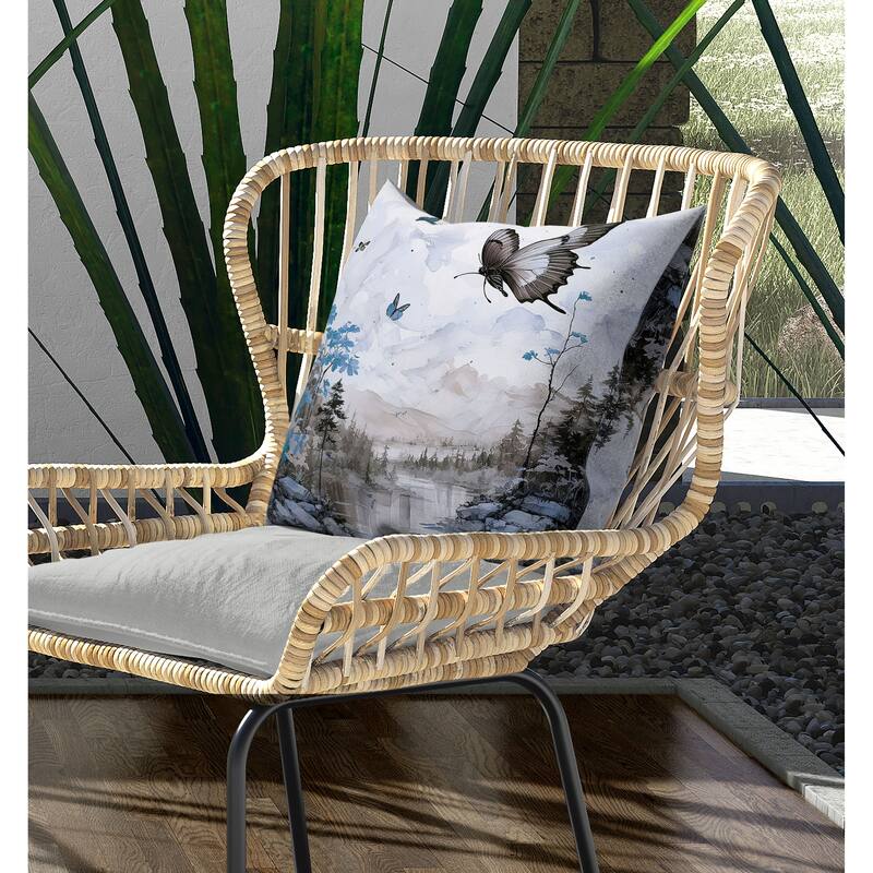 Fluttering Floral Heights Indoor/Outdoor Reversible Throw Pillow Gray and Cyan