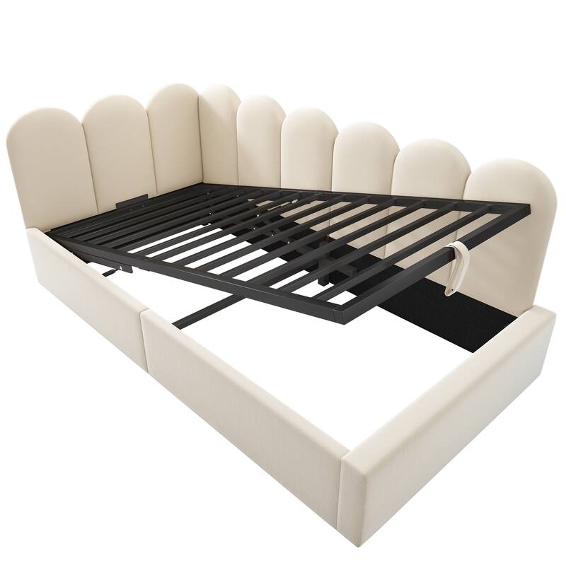 Velvet Upholstered Daybed with Hydraulic Storage, Twin Size Sofa Bed, Metal Slatted Frame, Beige