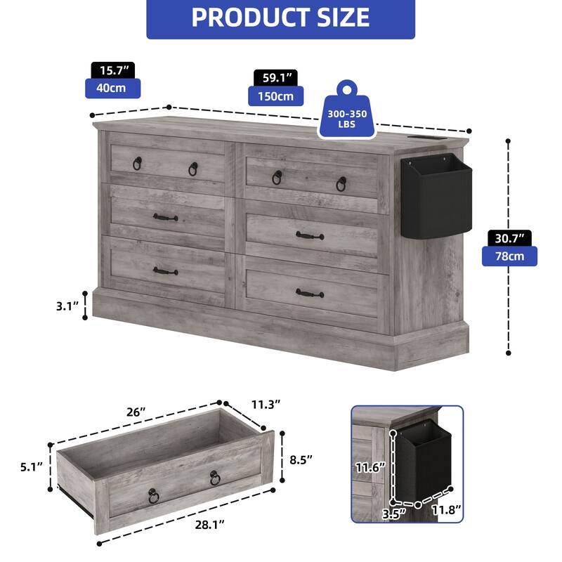 Moasis 59 Inch Farmhouse 6 Drawer Dresser for Bedroom Storage Organizer with Wood Finish and Metal Handles