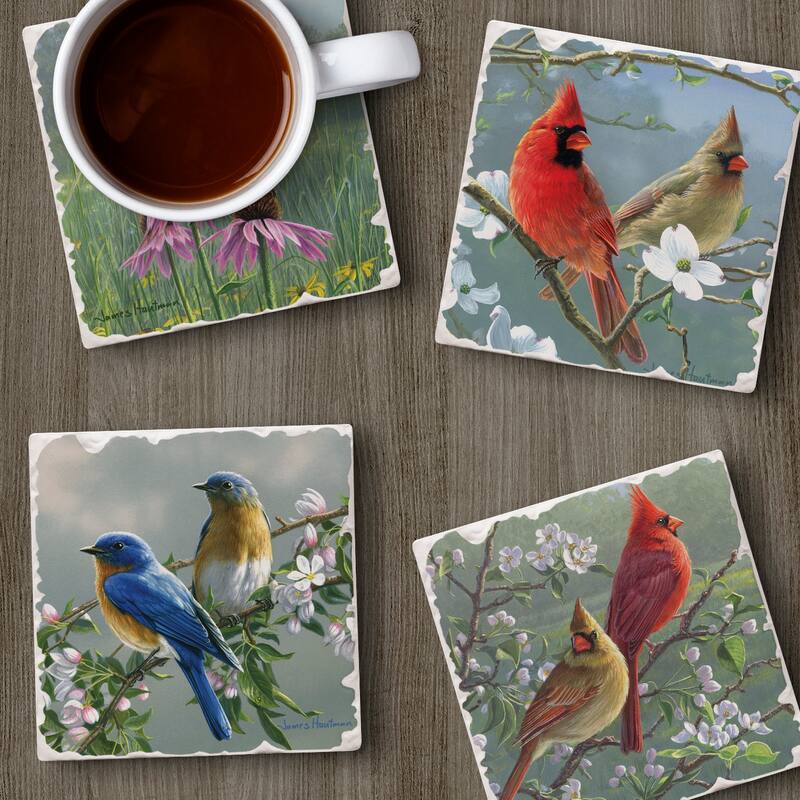 Counterart Absorbent Stone Coasters - Beautiful Songbirds - Set of 4 - 4x4x80