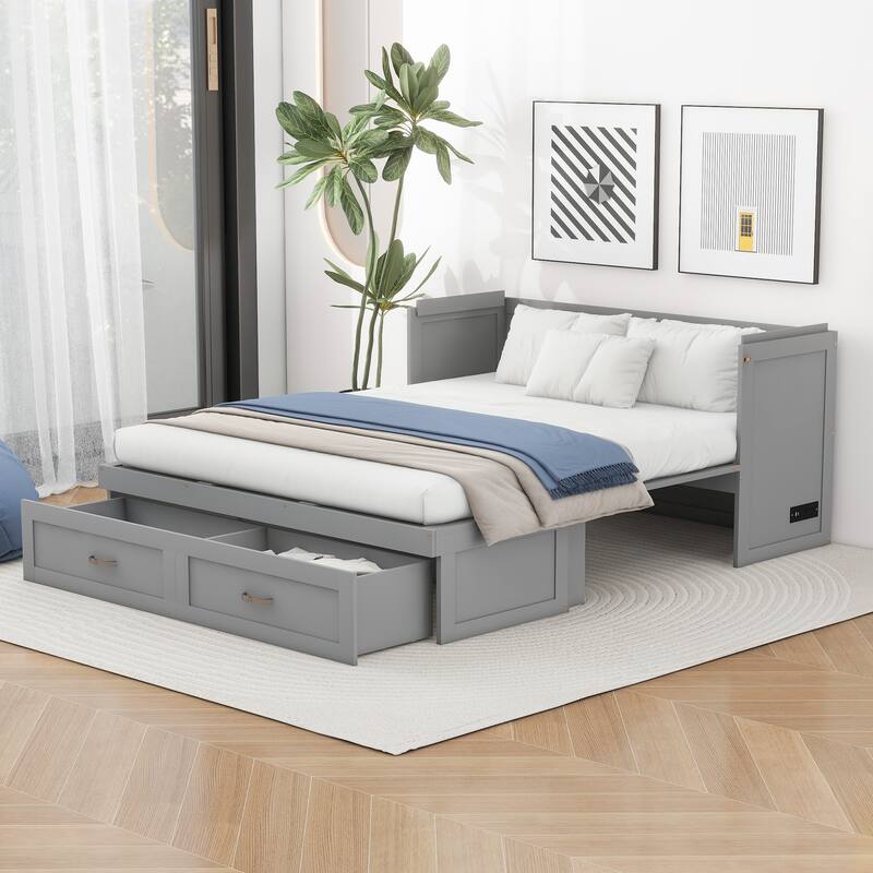 Space-Saving Design Murphy Bed with USB Ports, Large Drawers and Metal Handles