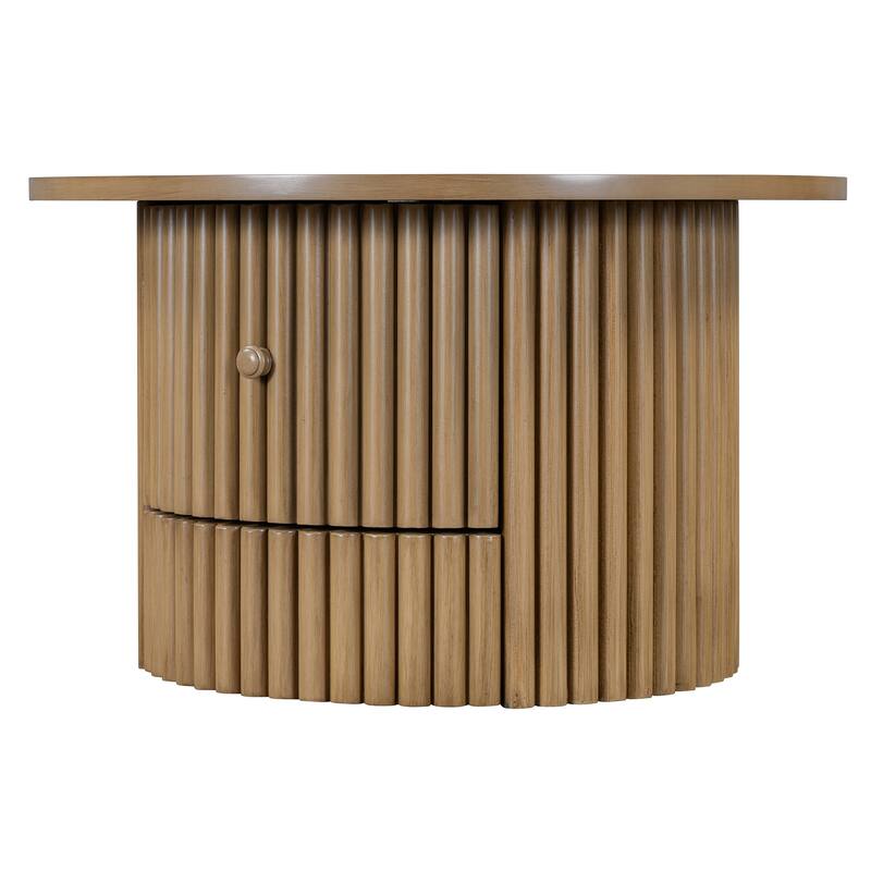 Round Coffee Table for Living Room in Natural, Farmhouse Coffee Table with a Drawer, Center Table with Vertical Slat Ba