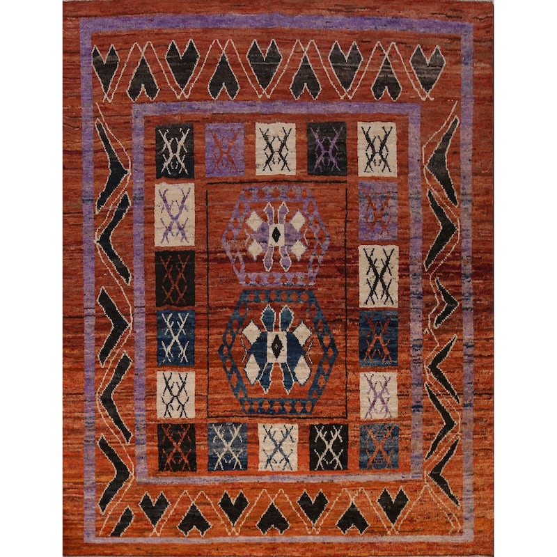 Orange Tribal Geometric Moroccan Oriental Rug Hand-Knotted Wool Carpet - 8'9" x 9'11"