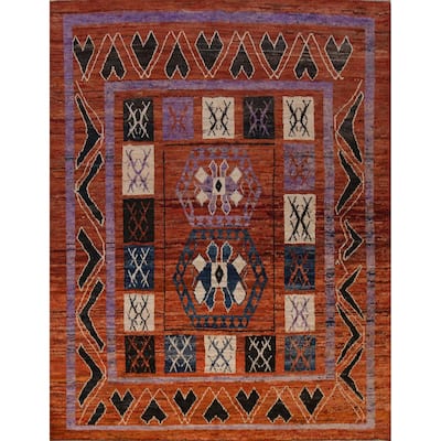 Orange Tribal Geometric Moroccan Oriental Rug Hand-Knotted Wool Carpet - 8'9" x 9'11"