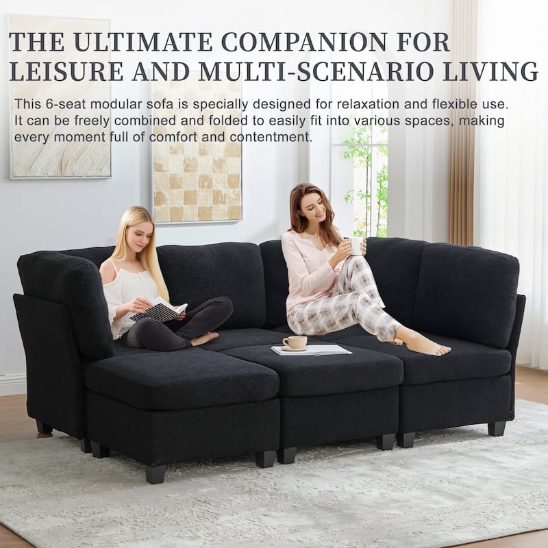 HOMEFUN 6-Seat Polyester Upholstered U-Shaped Modular Storage Sleeper Sectional Sofa with Storage Ottoman