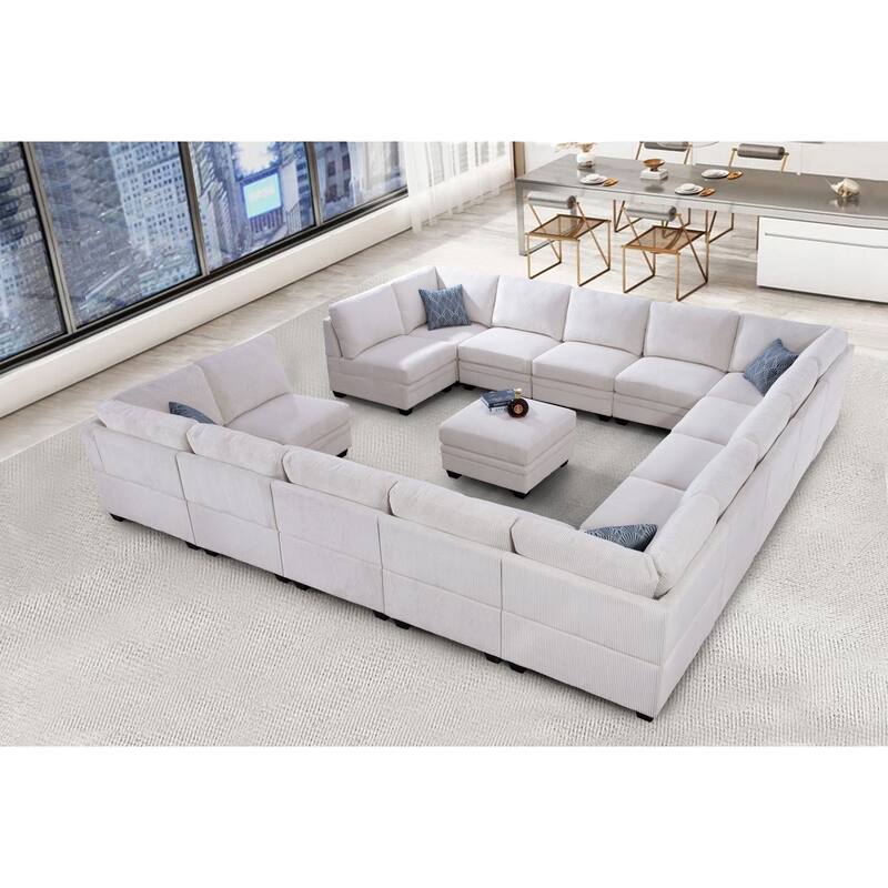 16 PC Modular Corduroy Sectional With Ottoman - Cream