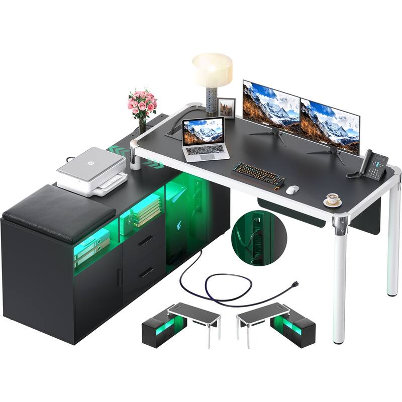 L Shaped Desk with File Cabinet and Power Strip, Reversible Corner Office Desk with LED Lights